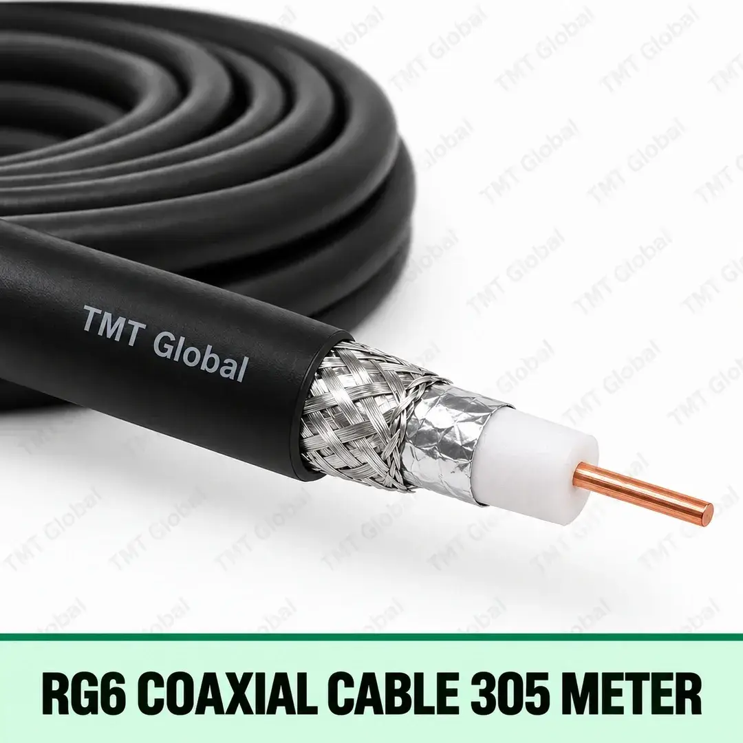 TMT-GLOBAL-SEC-LEGACY-RG6-RG6-Coaxial-Cable-305-Meter-1080x1080 TMT Global RG6 Coaxial Cable 305 Meter, single black 75-ohm RG6 coaxial cable, one centered copper conductor, white foam dielectric, foil and braided shield layers, no auxiliary cores.