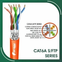 Cat6a orange Cable 23awg 4 twisted pair S FTP LSZH 305m a close-up of a cable