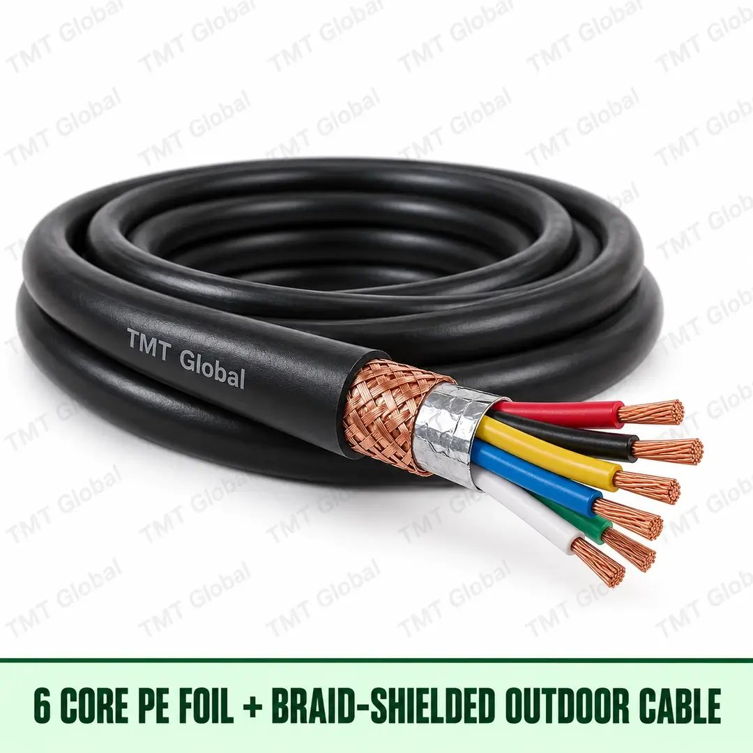 TMT-GLOBAL-FIRE-06C-BS-6-Core-PE-Braid-Shielded-Outdoor-Cable-1080x1080 TMT Global 6-core PE outdoor cable with six copper conductors, aluminium foil and copper braid shields.