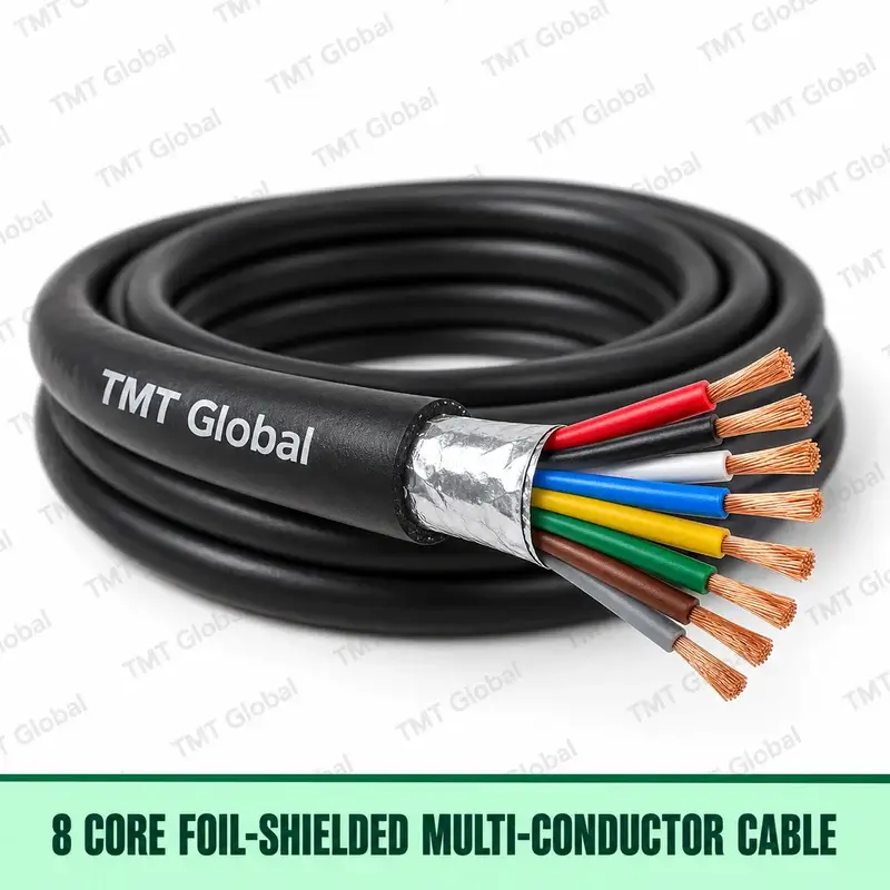 TMT Global 8-core foil-shielded multi-conductor cable, showing eight copper cores and aluminium foil screen.