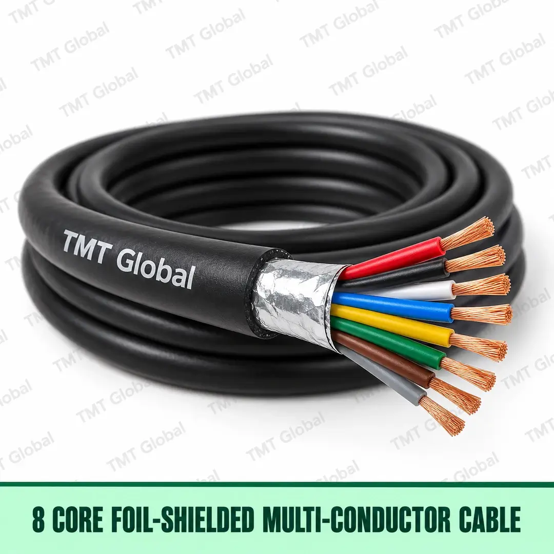 TMT-GLOBAL-FIRE-08C-SH-8-Core-Shielded-Multiconductor-Cable-1080x1080 TMT Global 8-core foil-shielded multi-conductor cable, showing eight copper cores and aluminium foil screen.
