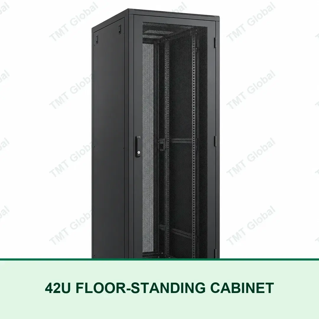 69348-42U-Floor-Standing-Cabinet TMT Global 42U black floor-standing network cabinet with perforated front door