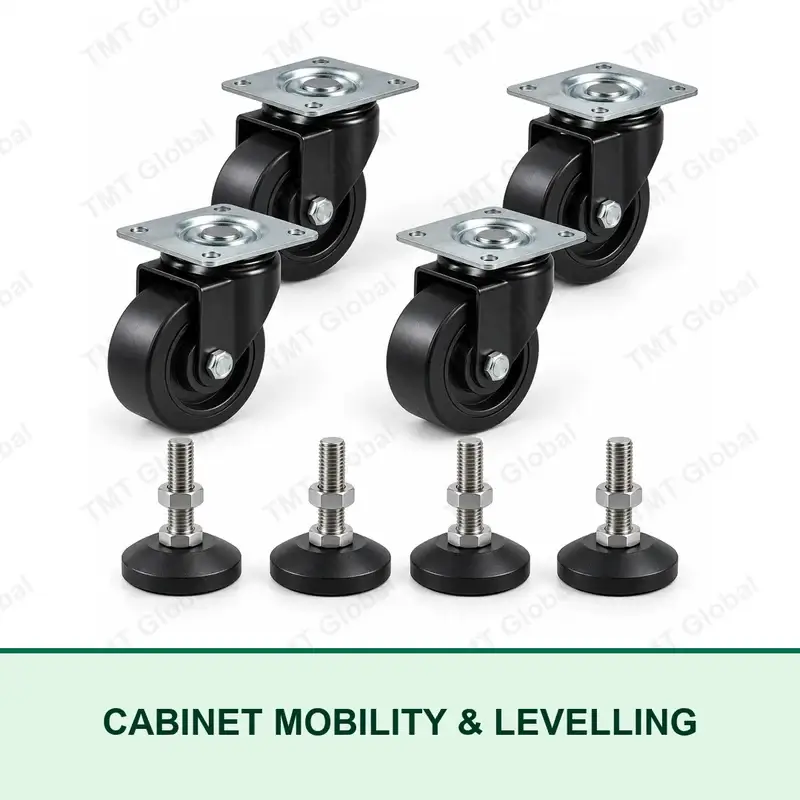 TMT Global rack cabinet swivel caster wheels and adjustable levelling feet
