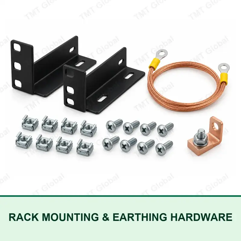 TMT Global rack mounting brackets, cage nuts, screws and copper earthing bond kit
