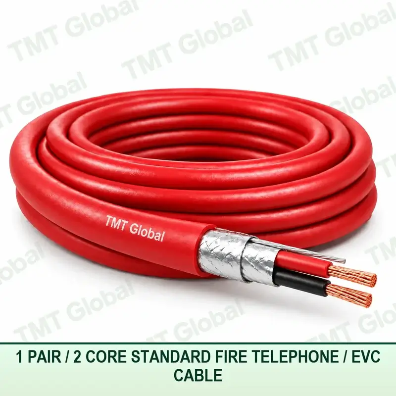 TMT Global 1 pair 2 core standard fire telephone and EVC cable with a red fire-resistant sheath, foil and braid screen, and two copper conductors.