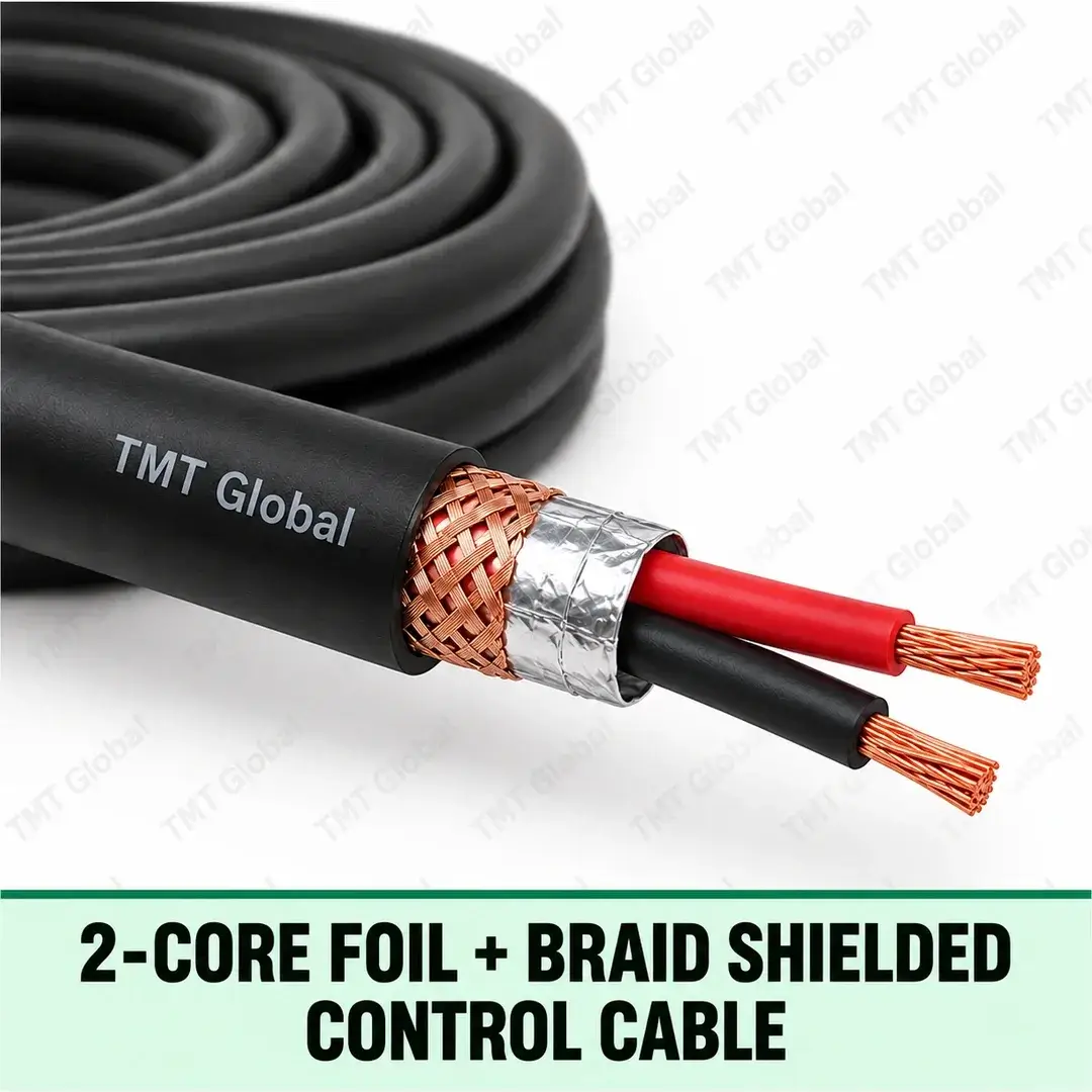 TMT-GLOBAL-SEC-02FB-BA-2-Core-Foil-Braid-Shielded-Control-Cable-1080x1080 TMT Global 2-Core Foil + Braid Shielded Control Cable, black outer jacket, aluminum foil and woven copper-braid shields beneath the jacket, exactly two insulated copper conductors and two visible tips.