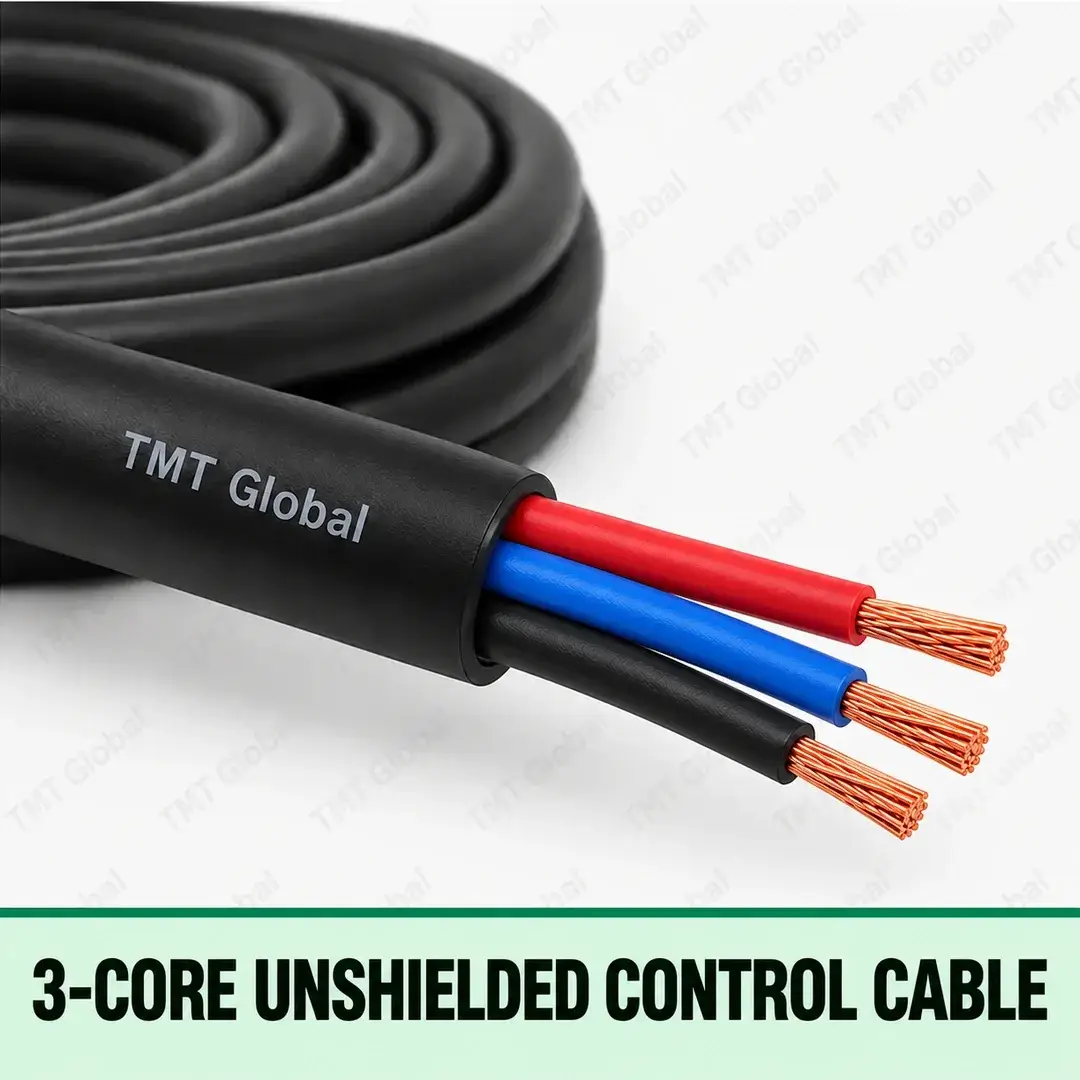 TMT-GLOBAL-SEC-03U-BA-3-Core-Unshielded-Control-Cable-1080x1080 TMT Global 3-Core Unshielded Control Cable, black jacket without foil or braid, exactly three insulated copper conductors in red, blue and black, three visible tips.
