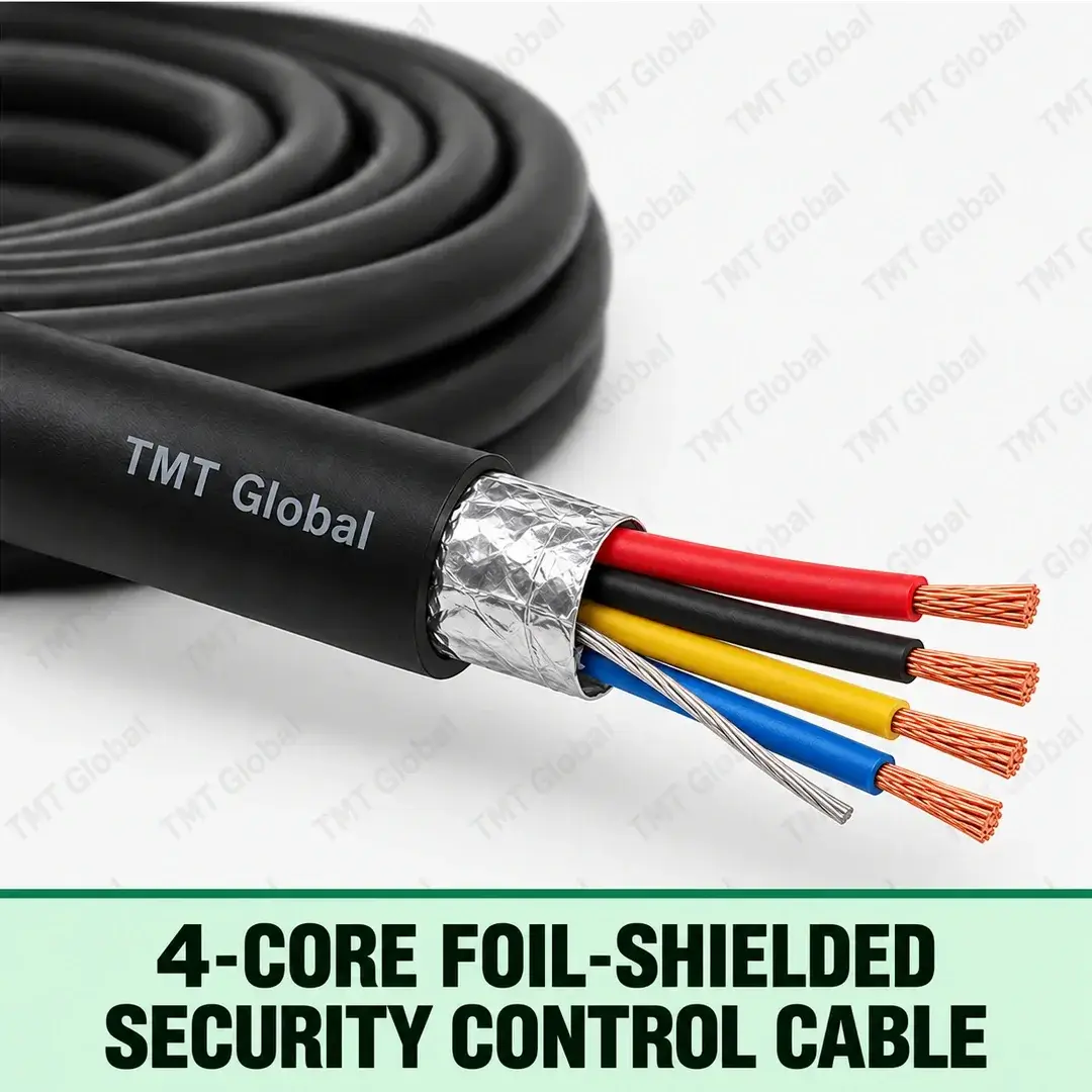 TMT-GLOBAL-SEC-04F-4-Core-Foil-Shielded-Security-Control-Cable-1080x1080 TMT Global 4-Core Foil-Shielded Security Control Cable, black outer jacket with foil screen and drain wire, exactly four colored insulated stranded copper conductors, four visible tips.