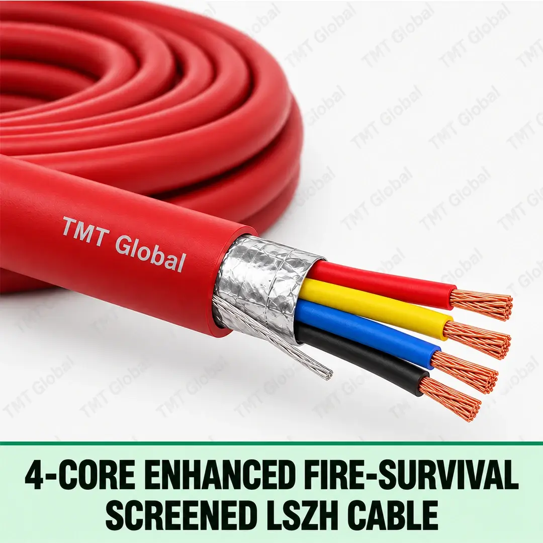 TMT-GLOBAL-SEC-04FIRE-4-Core-Enhanced-Fire-Survival-Screened-LSZH-Cable-1080x1080 TMT Global 4 core enhanced fire-survival screened LSZH cable with a red fire-resistant jacket, foil screen and four copper conductors.