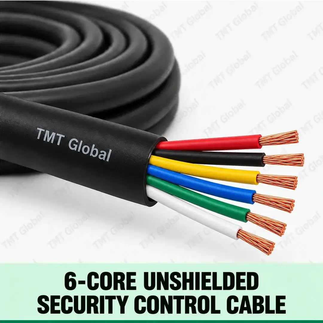 TMT-GLOBAL-SEC-06U-6-Core-Unshielded-Security-Control-Cable-1080x1080 TMT Global 6-Core Unshielded Security Control Cable, black jacket, no foil and no braid, exactly six different colored insulated stranded copper conductors, six exposed tips.
