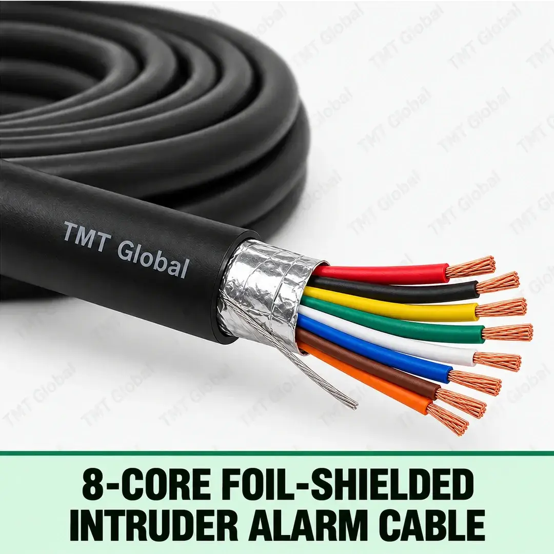 TMT-GLOBAL-SEC-08F-8-Core-Foil-Shielded-Intruder-Alarm-Cable-1080x1080 TMT Global 8-Core Foil-Shielded Intruder Alarm Cable, black outer jacket, foil screen and drain wire under jacket, exactly eight colored insulated stranded copper conductors with eight clearly visible tips.