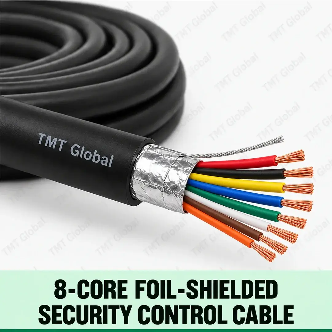 TMT-GLOBAL-SEC-08F-8-Core-Foil-Shielded-Security-Control-Cable-1080x1080 TMT Global 8-Core Foil-Shielded Security Control Cable, black outer jacket, foil wrap and drain wire, exactly eight colored insulated stranded copper cores and eight visible tips.