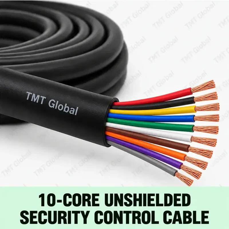 TMT Global 10-Core Unshielded Security Control Cable, black outer jacket without foil or braid, exactly ten insulated color-coded stranded copper conductors, ten distinct visible tips.