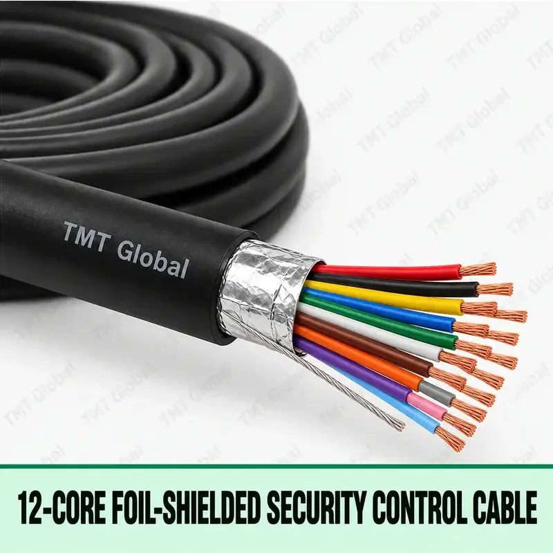 TMT Global 12-Core Foil-Shielded Security Control Cable, black jacket, foil wrap and drain wire, exactly twelve colored insulated stranded copper conductors with twelve individually visible copper tips.