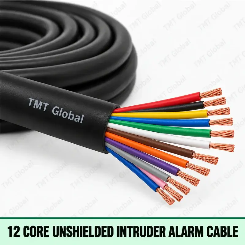 TMT Global 12 Core Unshielded Intruder Alarm Cable, black outer jacket without foil or braid, twelve distinct colored insulated copper conductors and twelve visible copper tips.