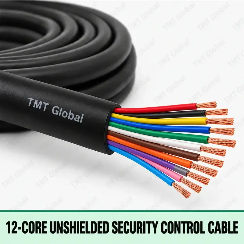 TMT Global 12-Core Unshielded Security Control Cable, black jacket, no foil or braid, exactly twelve individually insulated colored stranded copper conductors, twelve visible tips.