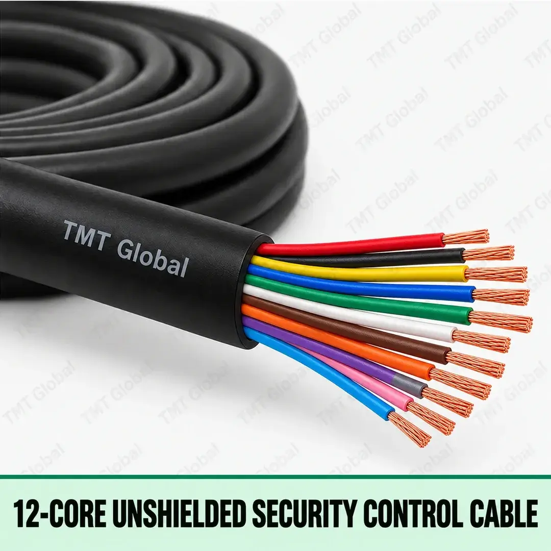 TMT-GLOBAL-SEC-12U-12-Core-Unshielded-Security-Control-Cable-1080x1080 TMT Global 12-Core Unshielded Security Control Cable, black jacket, no foil or braid, exactly twelve individually insulated colored stranded copper conductors, twelve visible tips.