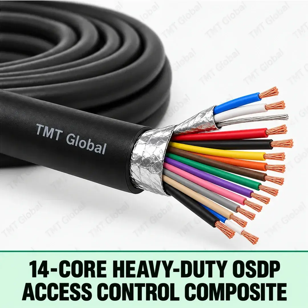 TMT-GLOBAL-SEC-14HD2-14-Core-Heavy-Duty-OSDP-Access-Control-Composite-1080x1080 TMT Global 14-Core Heavy-Duty OSDP Access Control Composite, rugged black outer jacket, foil-shielded OSDP data pair with drain wire, grouped reader and lock-power cores, exactly fourteen insulated conductors, heavy-duty proportions.