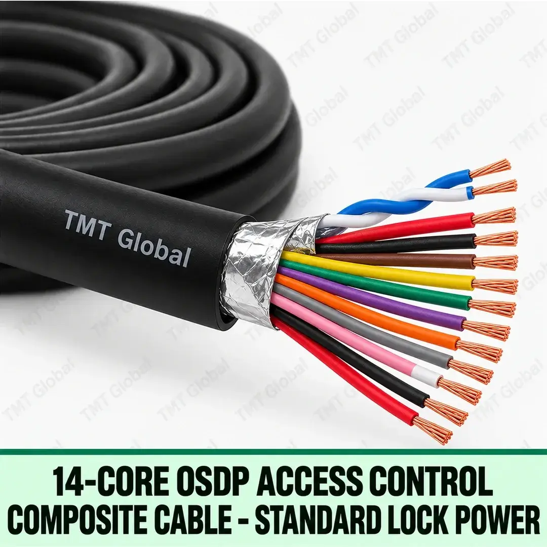 TMT-GLOBAL-SEC-14STD-14-Core-OSDP-Access-Control-Composite-Cable-Standard-Lock-Power-1080x1080 TMT Global 14-Core OSDP Access Control Composite Cable – Standard Lock Power, black outer jacket with one twisted data pair plus separate reader and standard door-lock power cores, exactly fourteen total insulated copper conductors, neatly fanned with fourteen visible tips, foil-screen data pair.