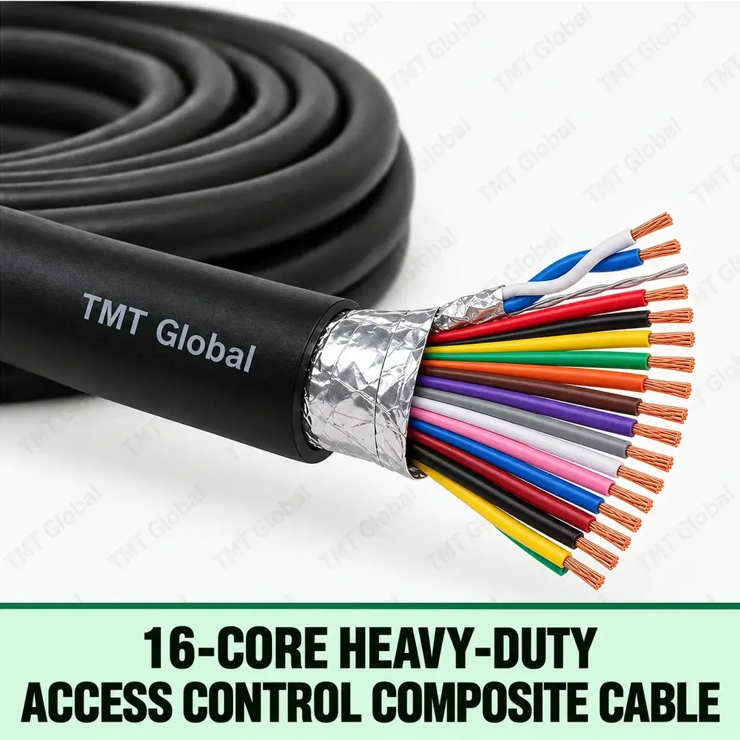 TMT-GLOBAL-SEC-16HD-16-Core-Heavy-Duty-Access-Control-Composite-Cable-1080x1080 TMT Global 16-Core Heavy-Duty Access Control Composite Cable, heavy-duty black outer jacket, foil-screened data pair plus separate power and control cores, exactly sixteen distinct insulated copper conductors, sixteen clean visible wire tips.