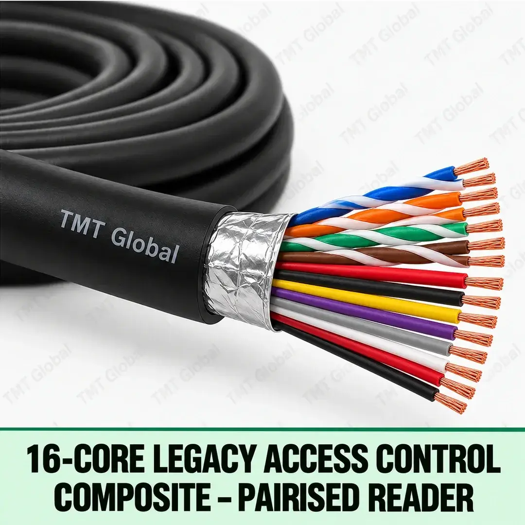 TMT-GLOBAL-SEC-16L-16-Core-Legacy-Access-Control-Composite-Pairised-Reader-1080x1080 TMT Global 16-Core Legacy Access Control Composite – Pairised Reader, black jacket with pairised reader conductors grouped as twisted pairs and separate lock/power conductors, exactly sixteen individually insulated copper conductor tips, foil-screen reader pair bundle.