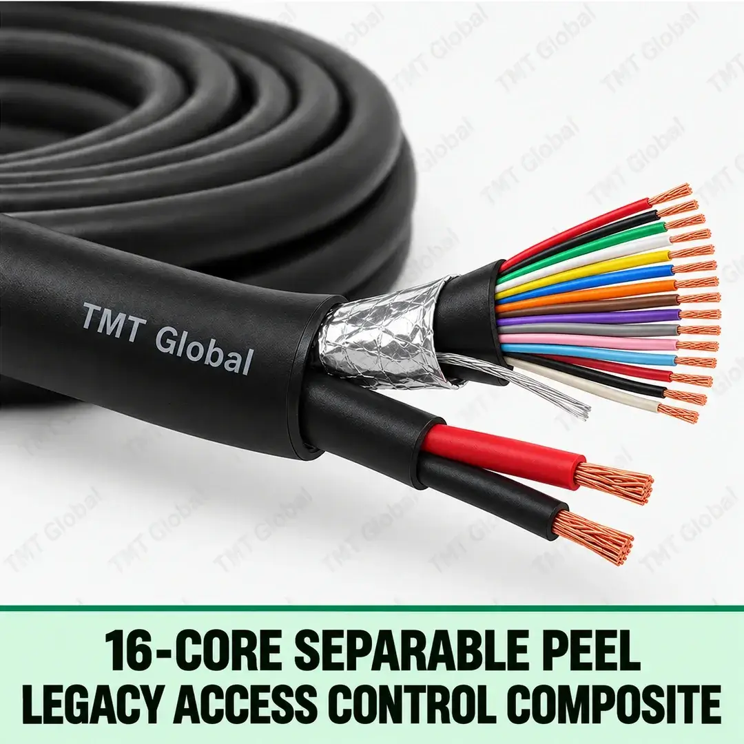 TMT-GLOBAL-SEC-16PEEL-16-Core-Separable-Peel-Legacy-Access-Control-Composite-1080x1080 TMT Global 16-Core Separable Peel Legacy Access Control Composite, black composite cable with distinct peel-apart subcables for legacy reader and lock power, foil-screened reader bundle, exactly sixteen insulated copper conductors with sixteen visible tips.