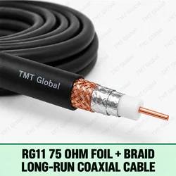 TMT Global RG11 75 Ohm Foil + Braid Long-Run Coaxial Cable, single RG11 coax with one centered copper conductor, white foam dielectric, one foil shield and one copper braid shield, black jacket, no extra cores.