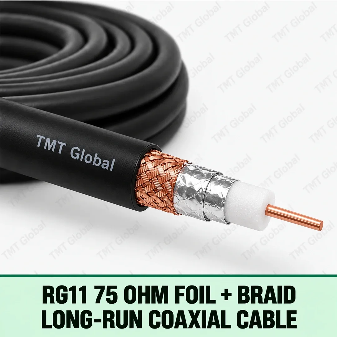 TMT-GLOBAL-SEC-RG11FB-RG11-75-Ohm-Foil-Braid-Long-Run-Coaxial-Cable-1080x1080 TMT Global RG11 75 Ohm Foil + Braid Long-Run Coaxial Cable, single RG11 coax with one centered copper conductor, white foam dielectric, one foil shield and one copper braid shield, black jacket, no extra cores.