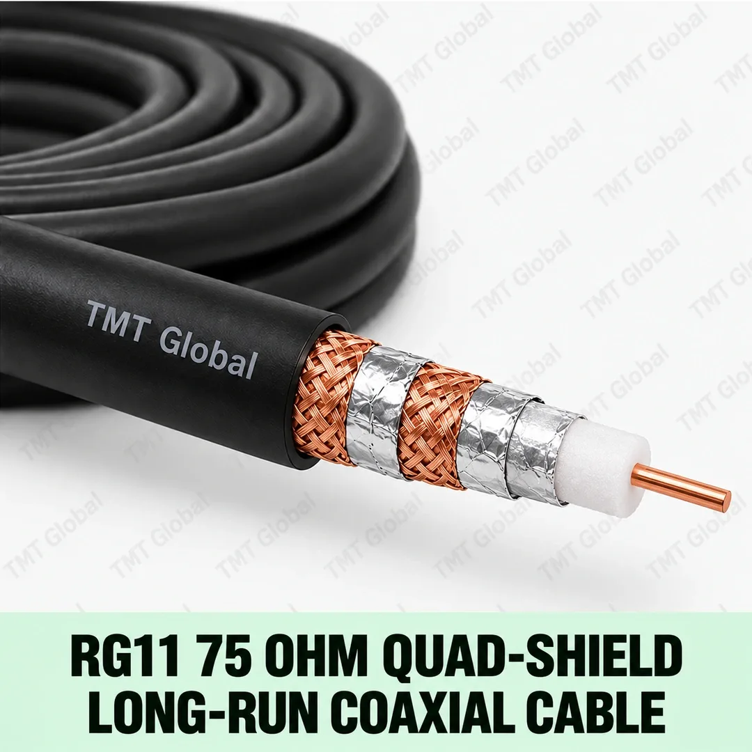 TMT-GLOBAL-SEC-RG11Q-RG11-75-Ohm-Quad-Shield-Long-Run-Coaxial-Cable-1080x1080 TMT Global RG11 75 Ohm Quad-Shield Long-Run Coaxial Cable, single thick RG11 coax core with centered copper conductor, white foam dielectric, exactly two foil shields and two copper-braid layers for quad shielding, black jacket.