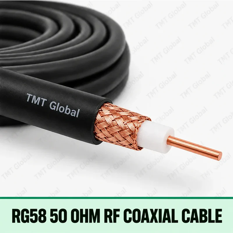 TMT Global RG58 50 Ohm RF Coaxial Cable, single black RF coax cable, one centered copper conductor in white dielectric, uniform copper-braid shield beneath black outer jacket, no auxiliary cores.