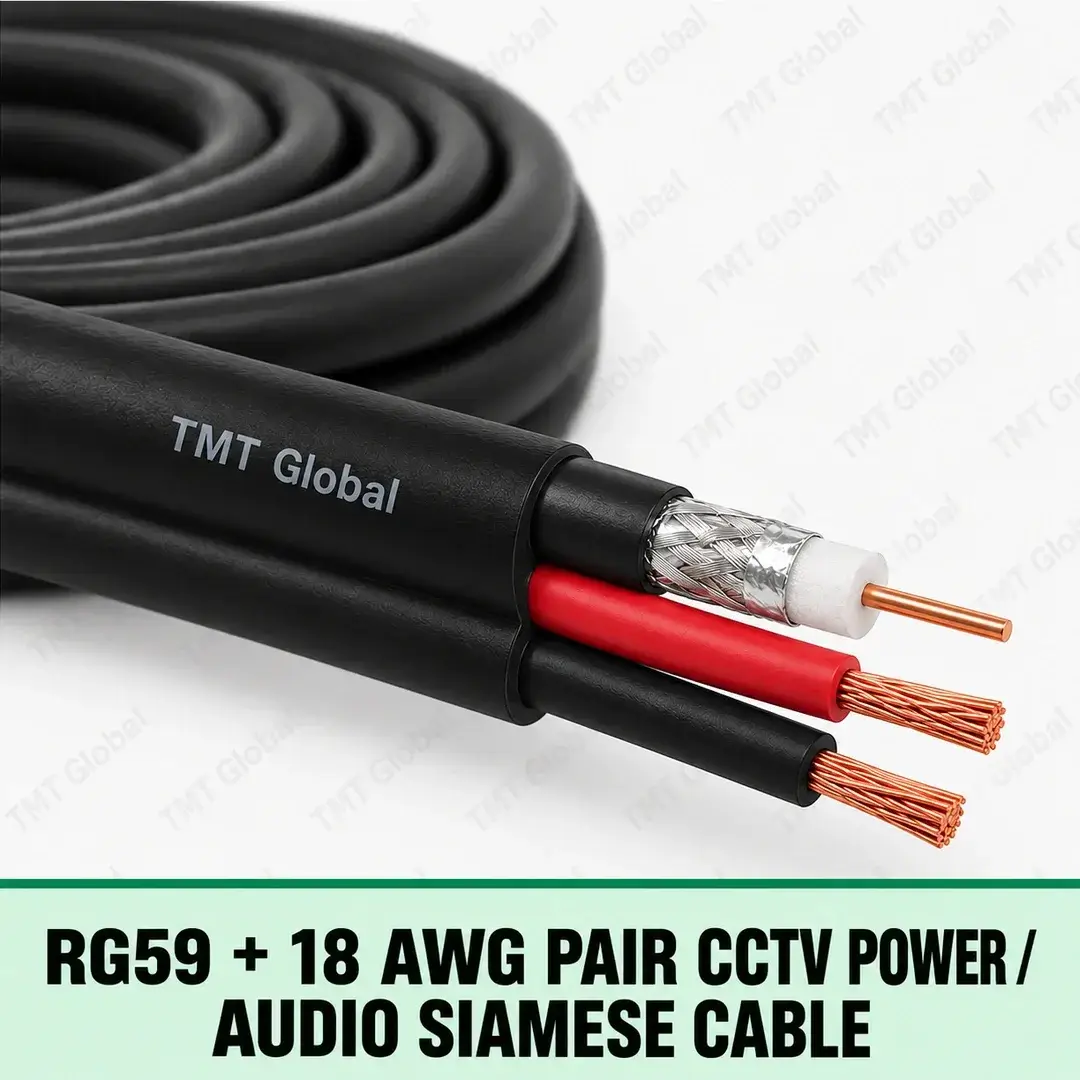 TMT-GLOBAL-SEC-RG59-18PAIR-RG59-18-AWG-Pair-CCTV-Power-Audio-Siamese-Cable-1080x1080 TMT Global RG59 + 18 AWG Pair CCTV Power / Audio Siamese Cable, paired Siamese layout with one RG59 coax (center copper, dielectric and shield braid) plus exactly two thicker insulated 18 AWG power/audio conductors, three visible copper tips total.