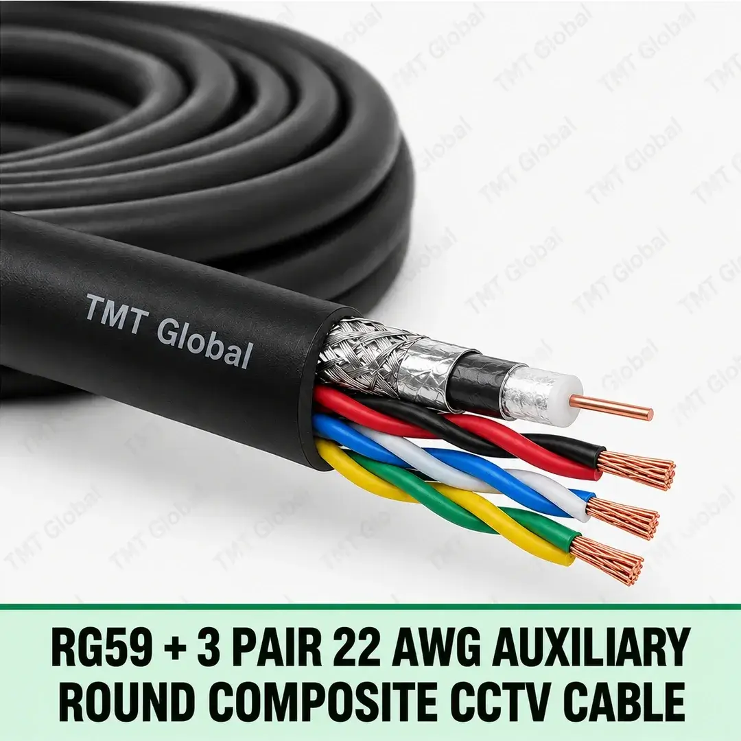 TMT-GLOBAL-SEC-RG59-3P-RG59-3-Pair-22-AWG-Auxiliary-Round-Composite-CCTV-Cable-1080x1080 TMT Global RG59 + 3 Pair 22 AWG Auxiliary Round Composite CCTV Cable, single black round composite jacket with one RG59 coaxial core (center copper, dielectric, braid/foil shield) and exactly three twisted auxiliary copper pairs (six insulated wires), all cutaways distinct.