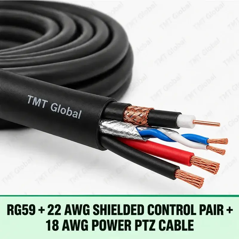 TMT Global RG59 + 22 AWG Shielded Control Pair + 18 AWG Power PTZ Cable, one RG59 coax with center copper and braided shield, one foil-shielded 22 AWG twisted control pair, and two insulated 18 AWG power conductors, five copper tips total.