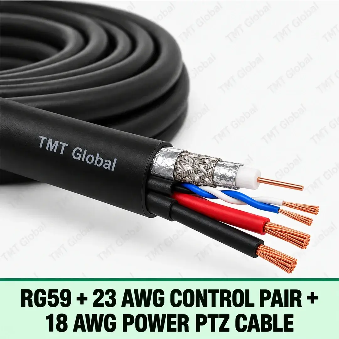 TMT-GLOBAL-SEC-RG59-PTZ23-RG59-23-AWG-Control-Pair-18-AWG-Power-PTZ-Cable-1080x1080 TMT Global RG59 + 23 AWG Control Pair + 18 AWG Power PTZ Cable, one RG59 coax core, one small 23 AWG twisted control pair, and two thicker 18 AWG power cores under a round black jacket, five visible copper tips.