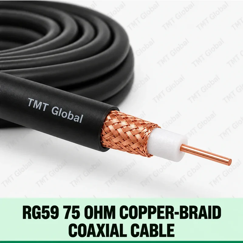 TMT Global RG59 75 Ohm Copper-Braid Coaxial Cable, single slim RG59 coax, central copper conductor, white dielectric and visible woven copper-braid shield, black outer jacket, no auxiliary conductors.