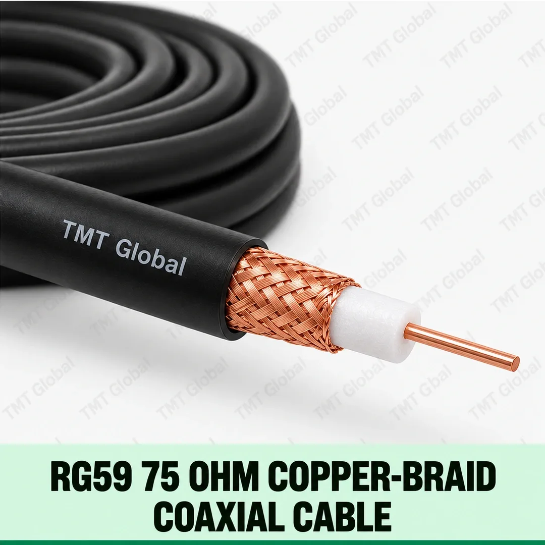 TMT-GLOBAL-SEC-RG59B-RG59-75-Ohm-Copper-Braid-Coaxial-Cable-1080x1080 TMT Global RG59 75 Ohm Copper-Braid Coaxial Cable, single slim RG59 coax, central copper conductor, white dielectric and visible woven copper-braid shield, black outer jacket, no auxiliary conductors.