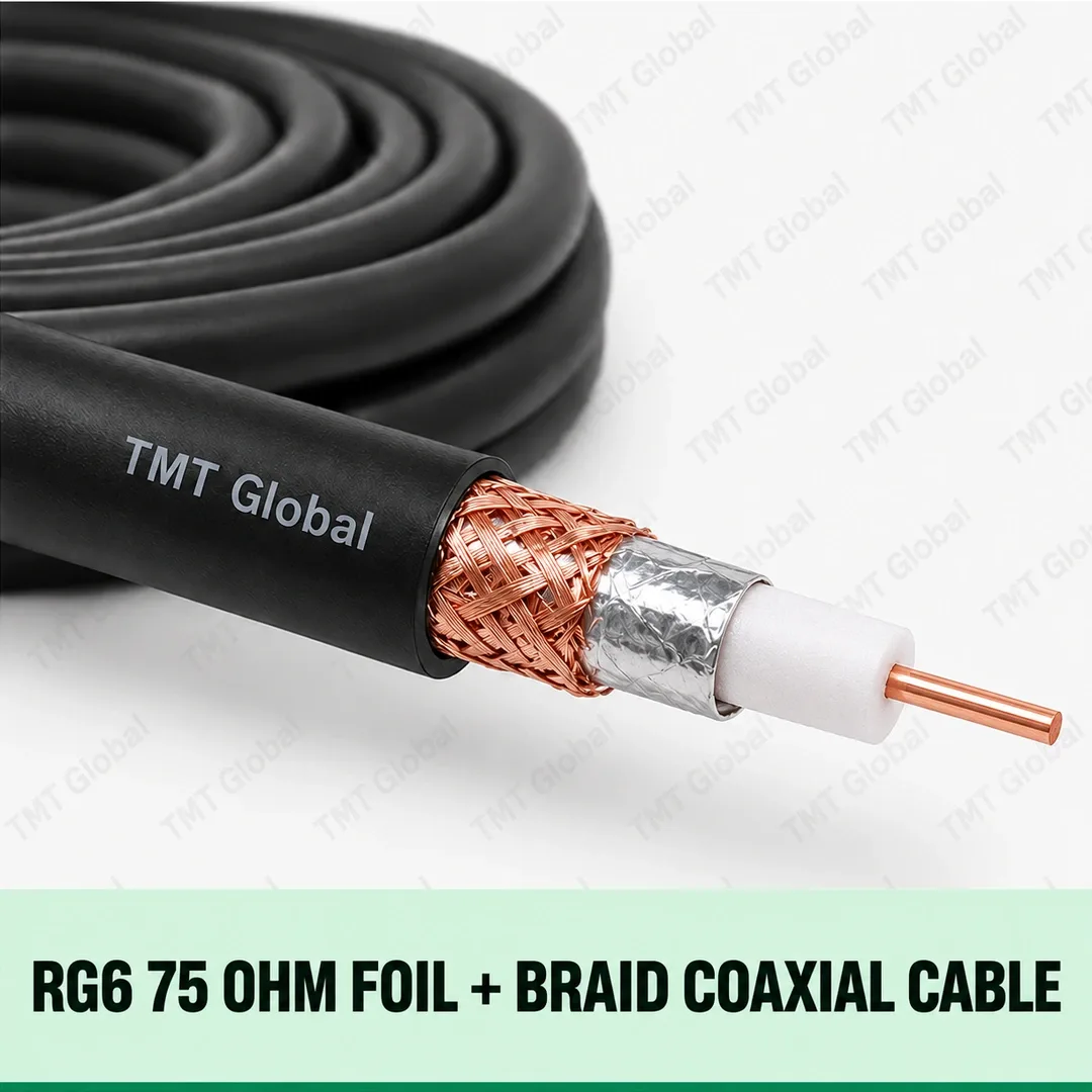 TMT-GLOBAL-SEC-RG6FB-RG6-75-Ohm-Foil-Braid-Coaxial-Cable-1080x1080 TMT Global RG6 75 Ohm Foil + Braid Coaxial Cable, single RG6 coax with one center copper conductor, dielectric, one aluminum foil wrap and one copper-braid shield, black jacket.