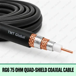 TMT Global RG6 75 Ohm Quad-Shield Coaxial Cable, single RG6 coax cable, center copper conductor with white dielectric, exactly two foil shields and two copper-braid layers, black jacket.