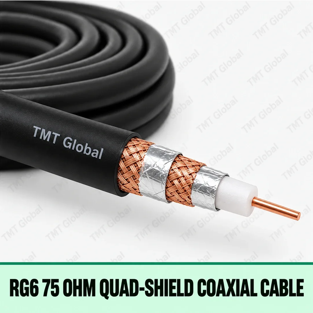 TMT-GLOBAL-SEC-RG6Q-RG6-75-Ohm-Quad-Shield-Coaxial-Cable-1080x1080 TMT Global RG6 75 Ohm Quad-Shield Coaxial Cable, single RG6 coax cable, center copper conductor with white dielectric, exactly two foil shields and two copper-braid layers, black jacket.