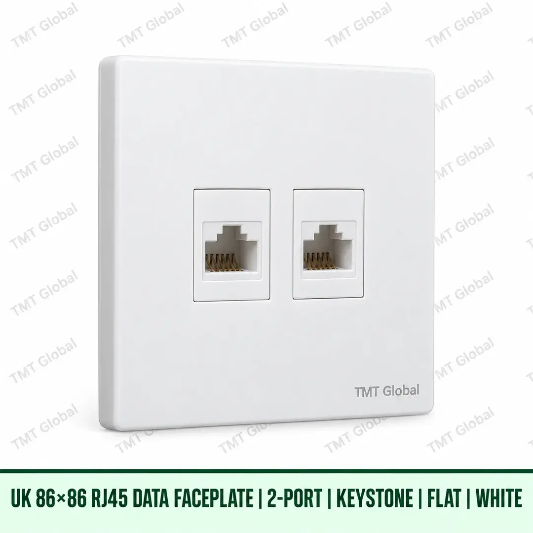 68893-UK-86x86-RJ45-Faceplate-2-Port-Keystone-White UK 86 by 86 millimetre two-port flat RJ45 keystone faceplate in white, TMT Global