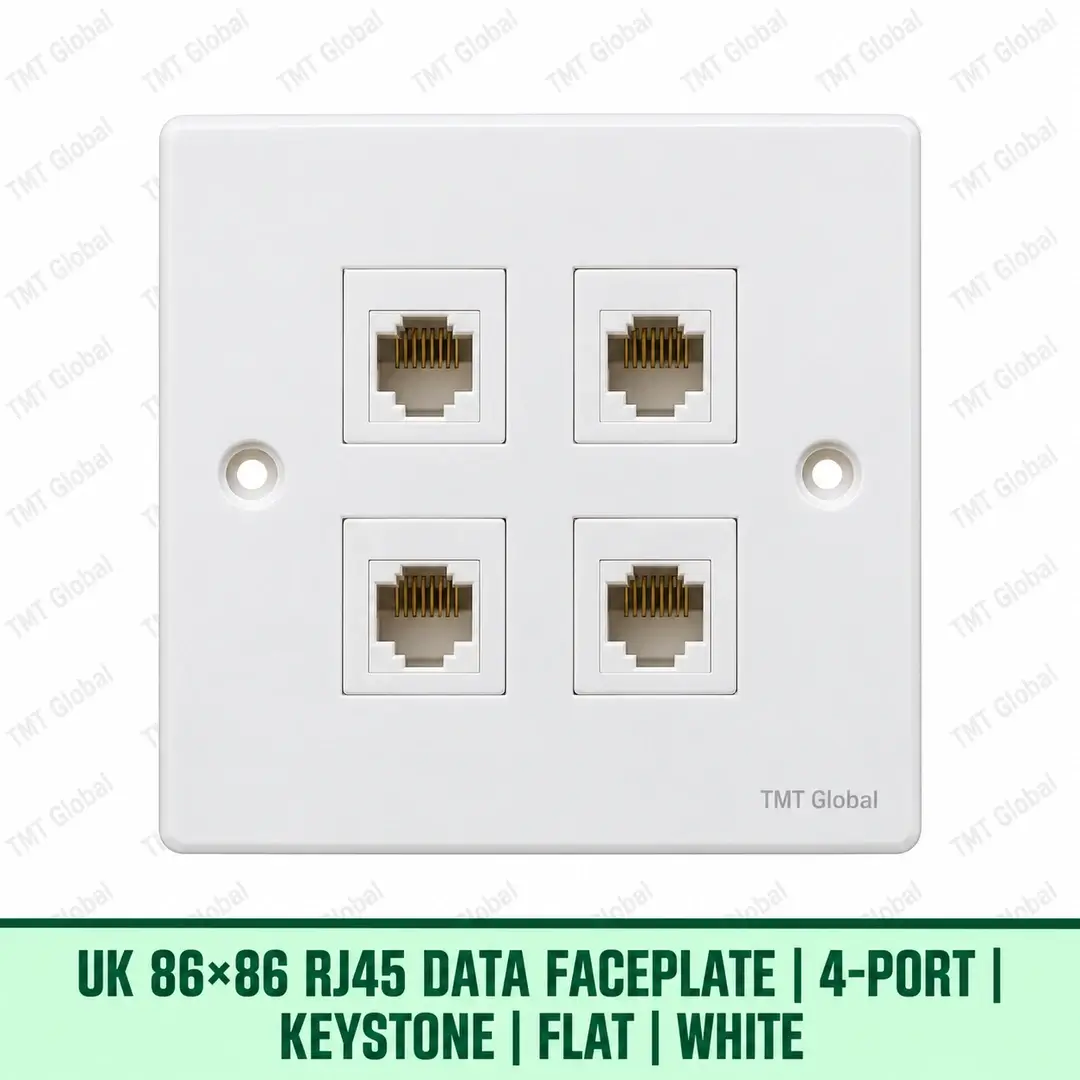 68895-UK-86x86-RJ45-Faceplate-4-Port-Keystone-White UK 86 by 86 millimetre four-port flat RJ45 keystone faceplate in white, TMT Global