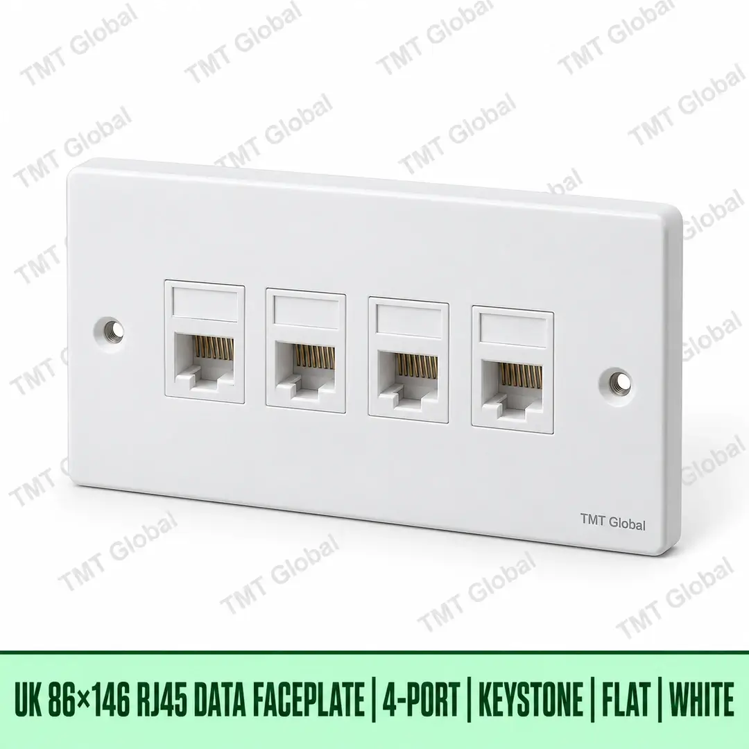 68899-UK-86x146-RJ45-Faceplate-4-Port-Keystone-White UK 86 by 146 millimetre four-port flat RJ45 keystone faceplate in white, TMT Global
