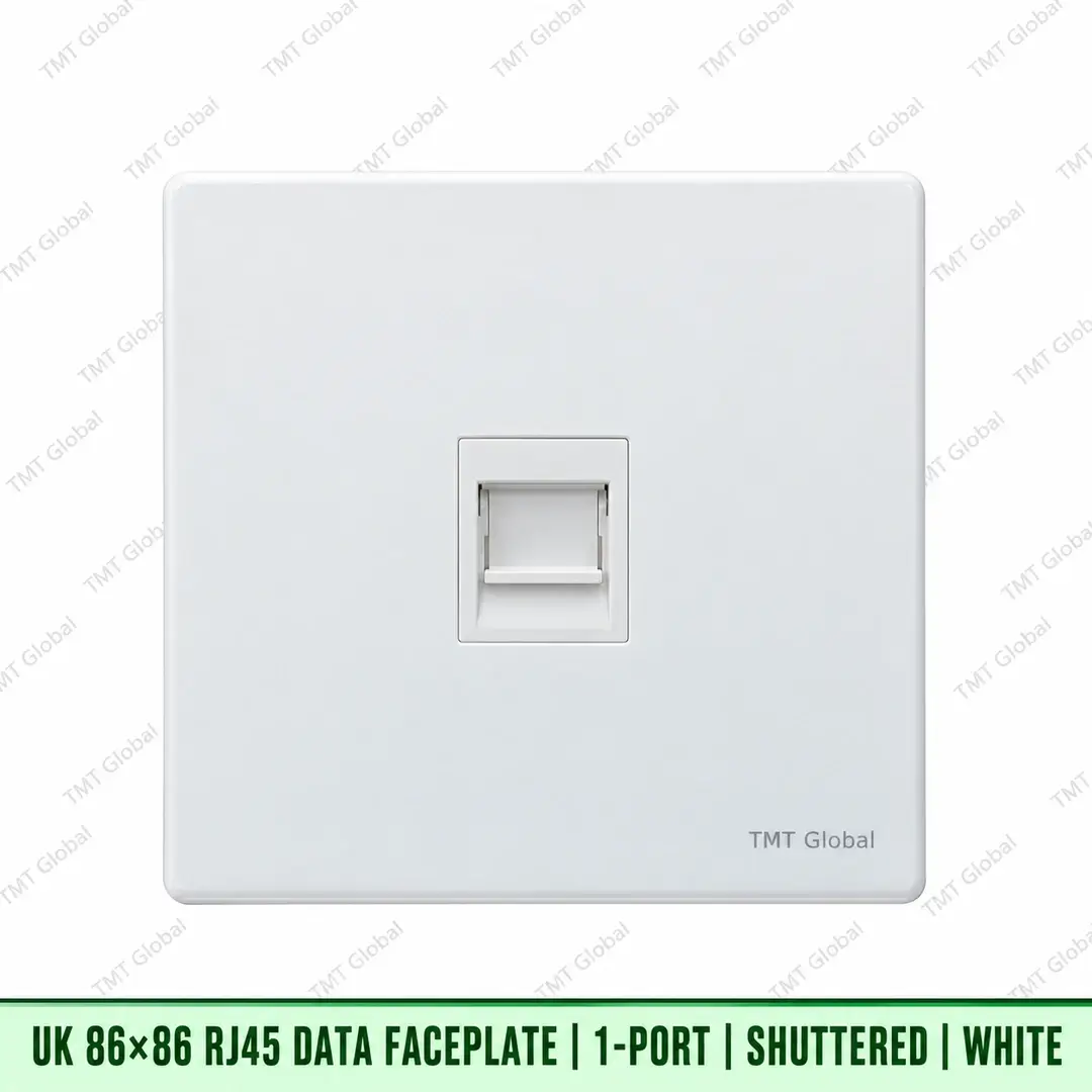68903-UK-86x86-RJ45-Faceplate-1-Port-Shuttered-White UK 86 by 86 millimetre one-port shuttered RJ45 data faceplate in white, TMT Global