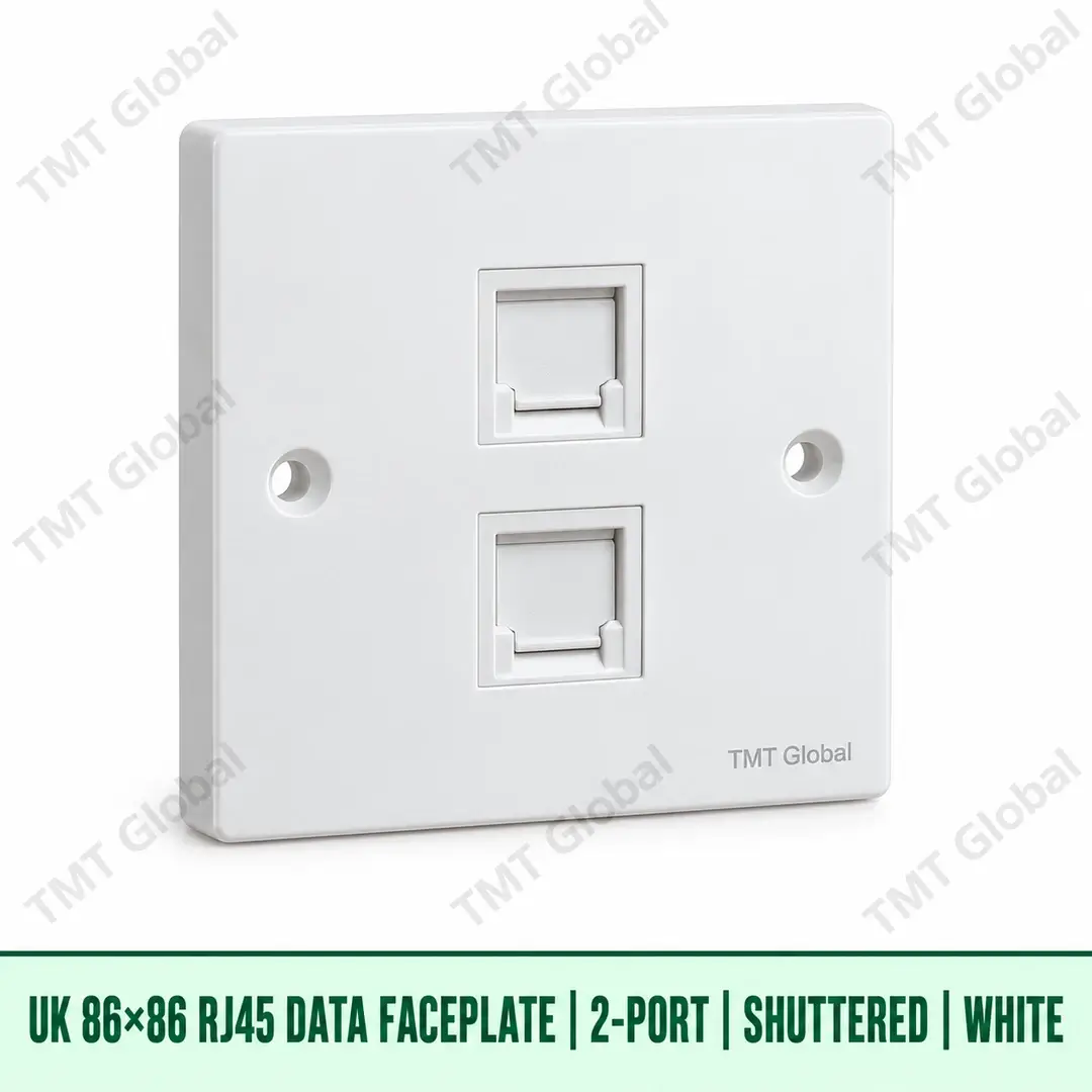 68907-UK-86x86-RJ45-Faceplate-2-Port-Shuttered-White UK 86 by 86 millimetre two-port shuttered RJ45 data faceplate in white, TMT Global