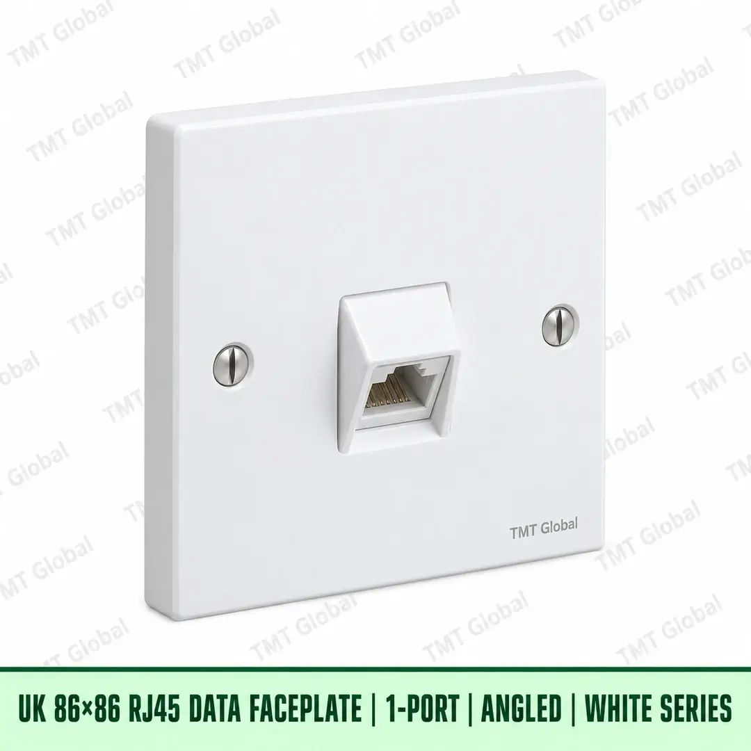 68909-UK-86x86-RJ45-Faceplate-1-Port-Angled-White UK 86 by 86 millimetre one-port angled RJ45 data faceplate in white, TMT Global