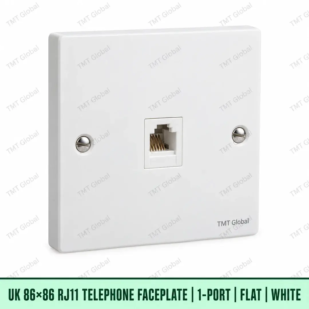 68911-UK-86x86-RJ11-Faceplate-1-Port-Flat-White UK 86 by 86 millimetre one-port flat RJ11 telephone faceplate in white, TMT Global