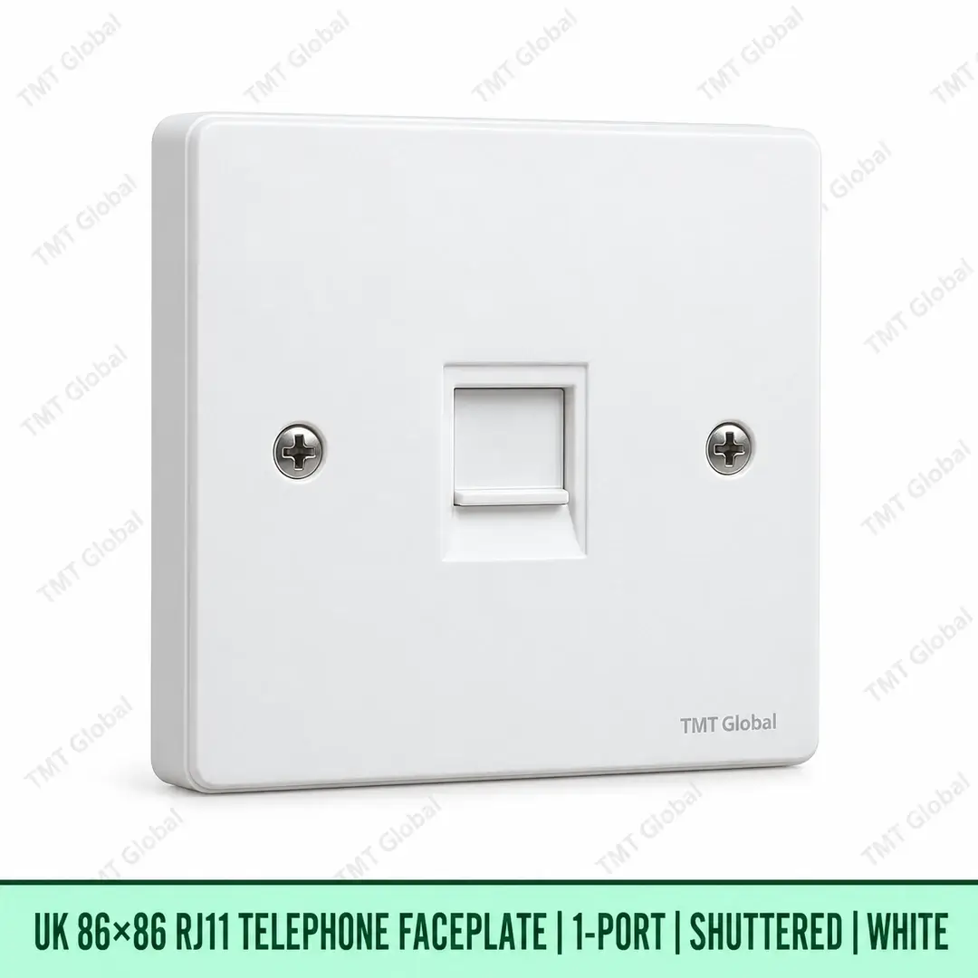 68913-UK-86x86-RJ11-Faceplate-1-Port-Shuttered-White UK 86 by 86 millimetre one-port shuttered RJ11 telephone faceplate in white, TMT Global