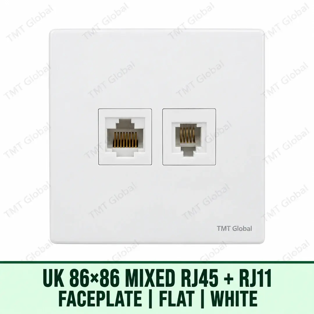 68915-UK-86x86-Mixed-RJ45-RJ11-Faceplate-Flat-White UK 86 by 86 millimetre flat dual RJ45 and RJ11 faceplate in white, TMT Global