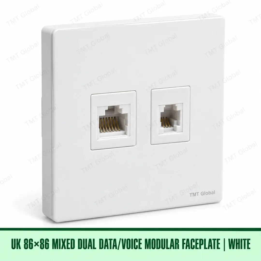 68918-UK-86x86-Mixed-Dual-Data-Voice-Faceplate-White UK 86 by 86 millimetre dual data and voice modular faceplate in white, TMT Global