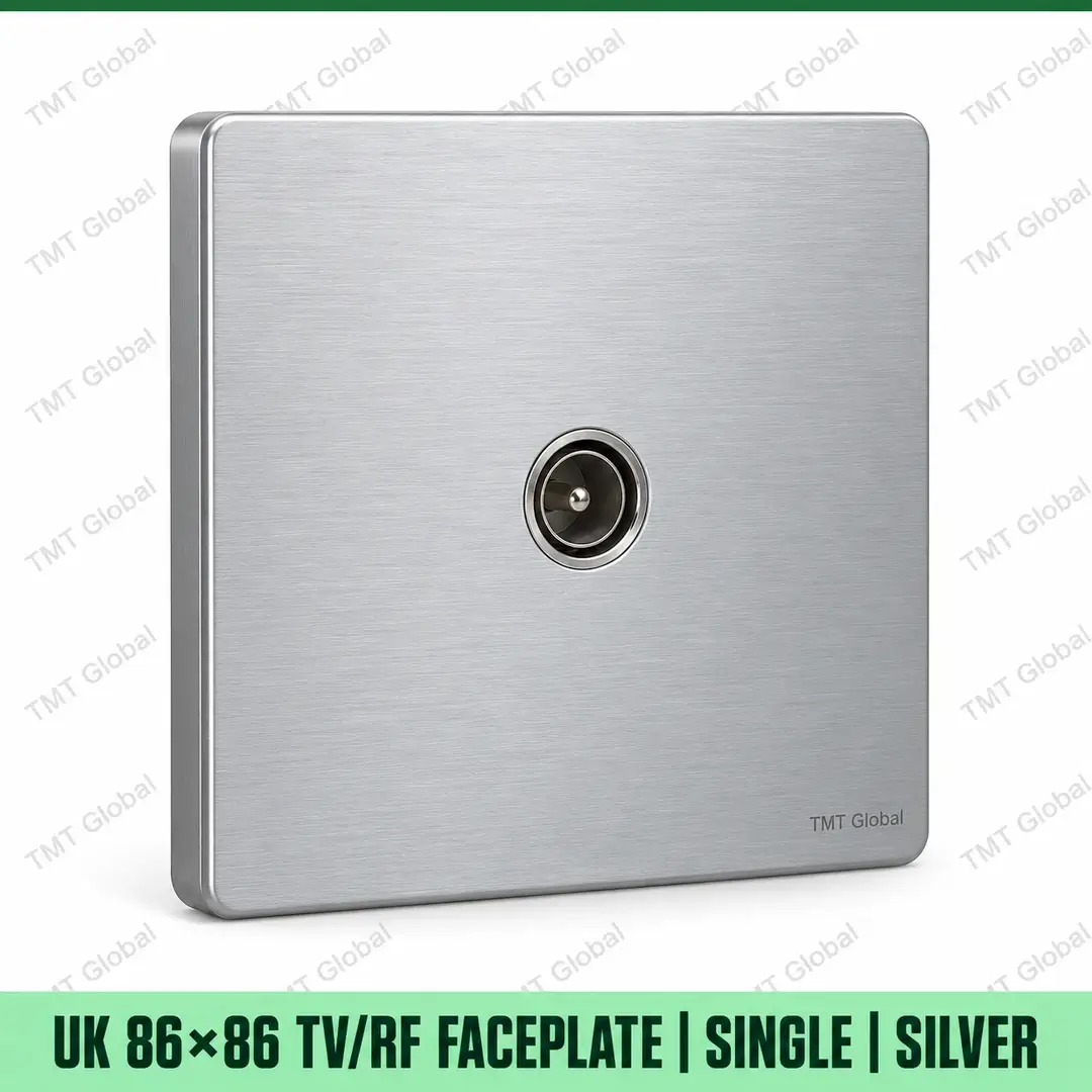 68922-UK-86x86-TV-RF-Faceplate-Single-Silver UK 86 by 86 millimetre single TV-RF coax faceplate in silver, TMT Global